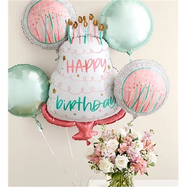 Elegant Blush™ Bouquet With Happy Birthday Balloon Bouquet